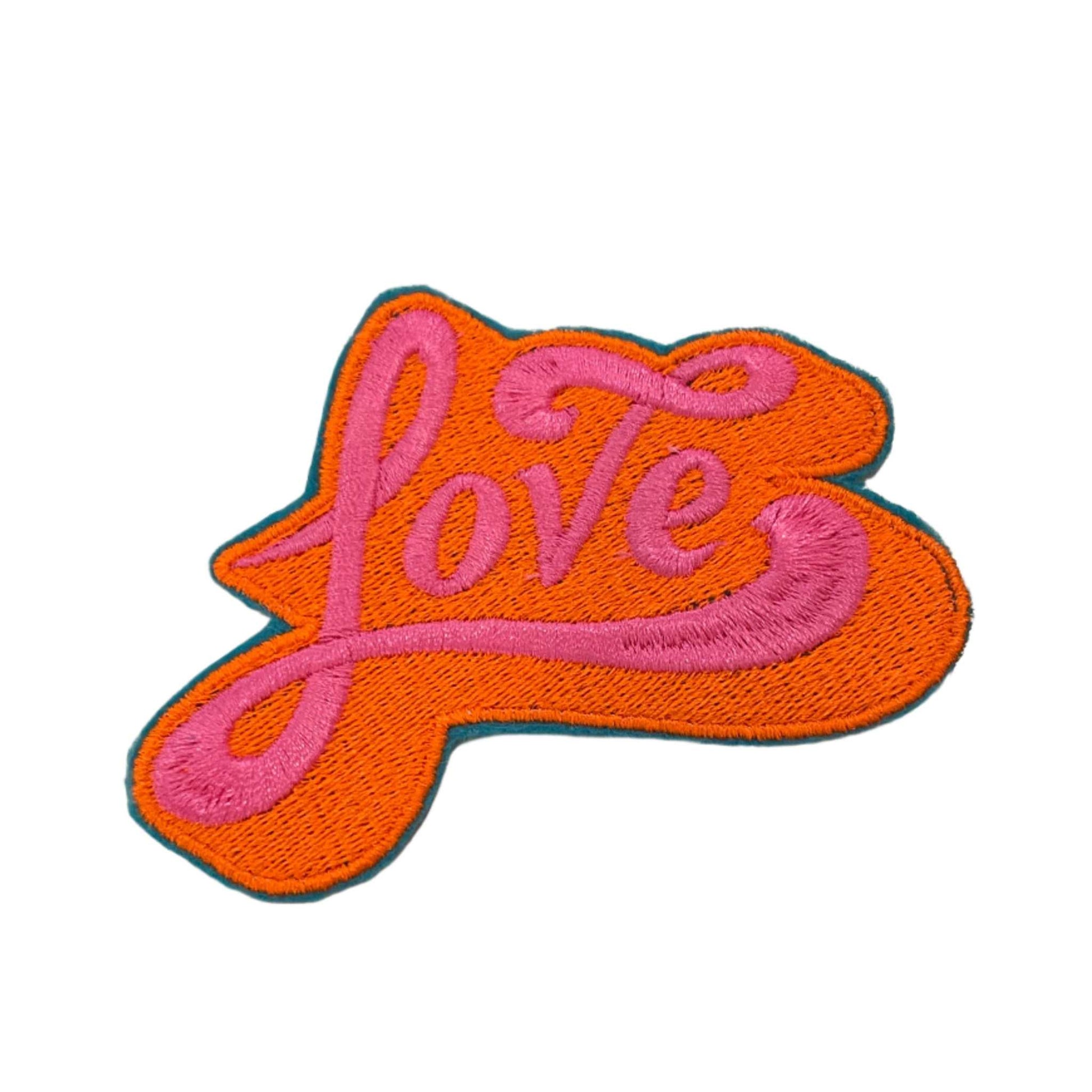 Handmade Love Iron-On Patch in neon pink on orange with aqua outline.