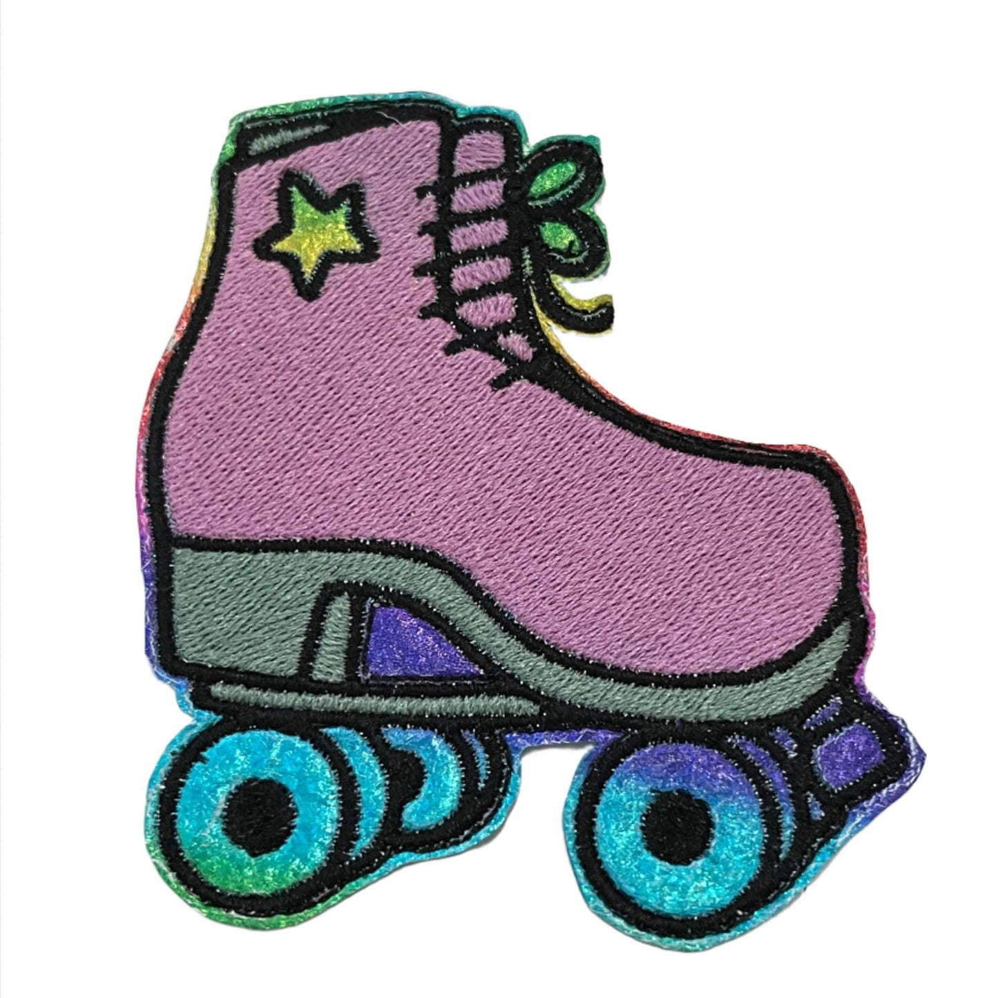 Handmade retro roller skate iron-on patch with lavender and teal holographic design.