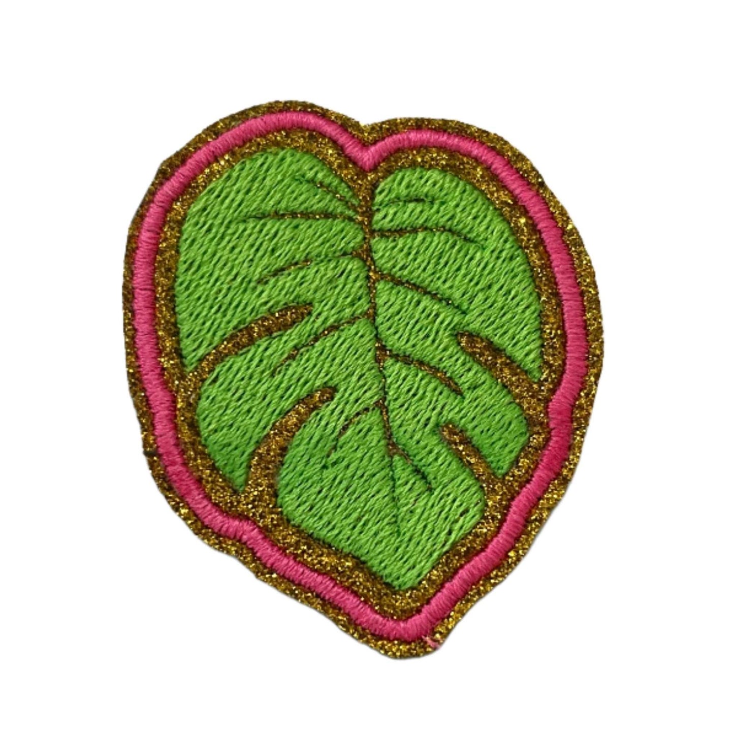 Bright Monstera Leaf embroidered patch for custom hats and accessories.