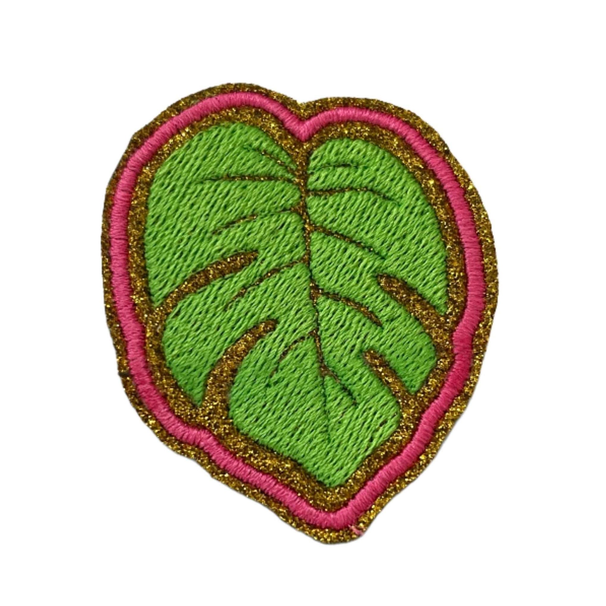 Bright Monstera Leaf embroidered patch for custom hats and accessories.