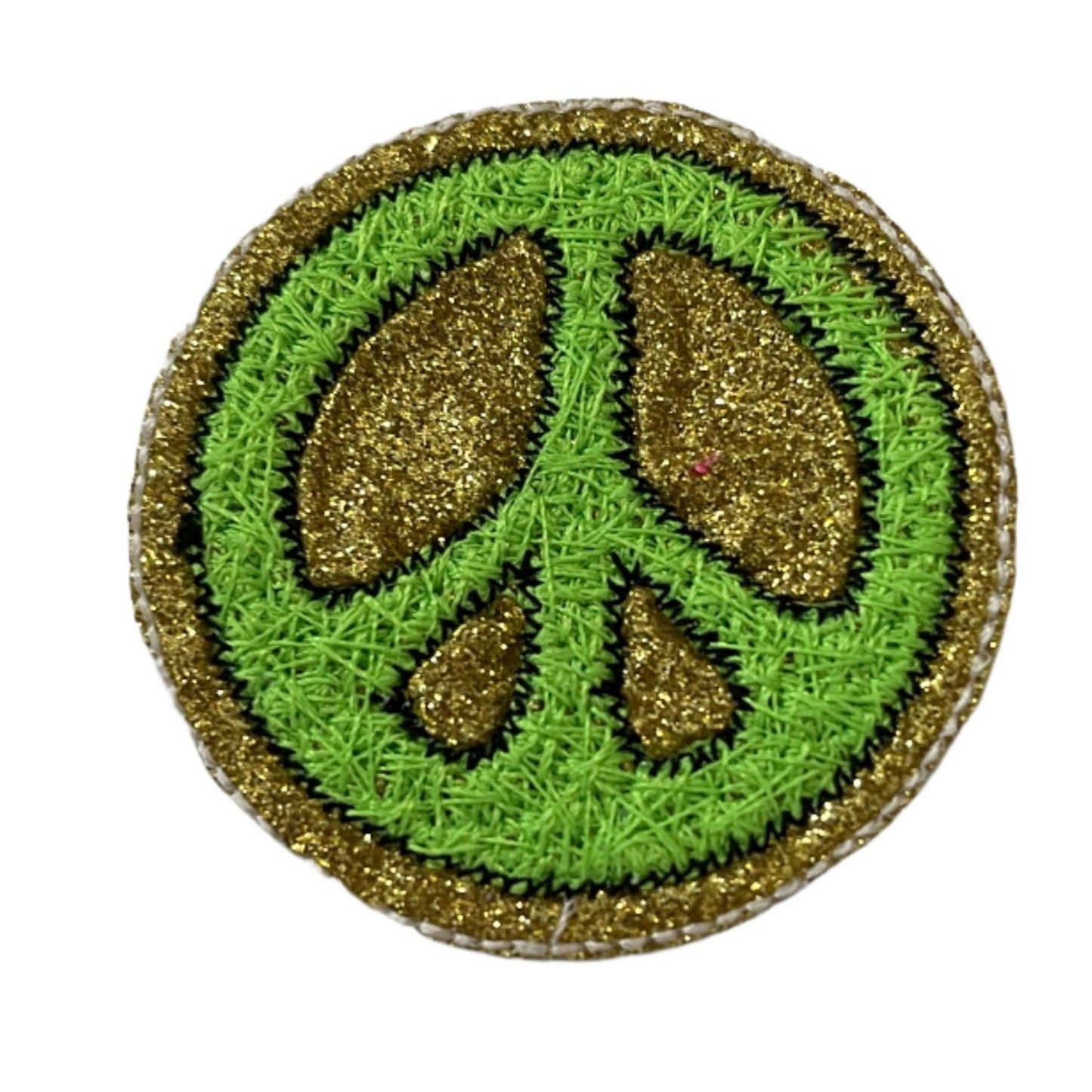 Groovy peace sign embroidered patch with gold glitter accents.