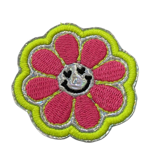 Smiley flower embroidered patch for custom trucker hats.