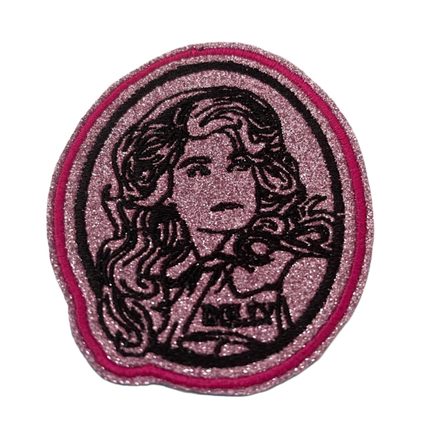 Pink glitter Dolly Parton iron-on patch with customizable trucker hat option.