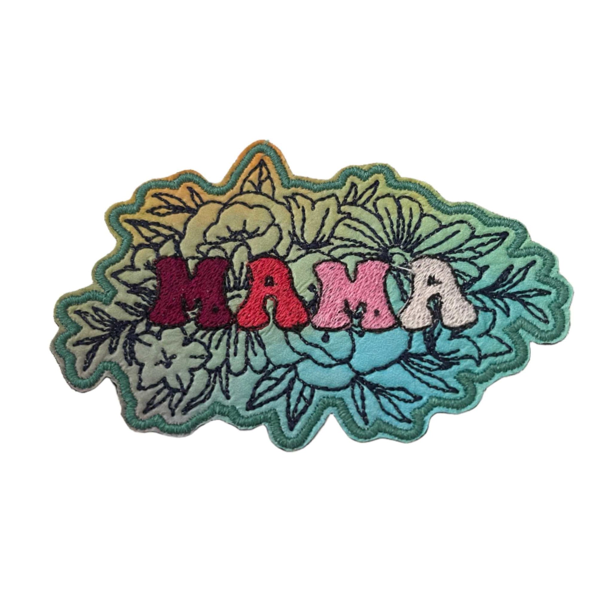 Floral "MAMA" iron-on patch with vibrant retro design and bold lettering.