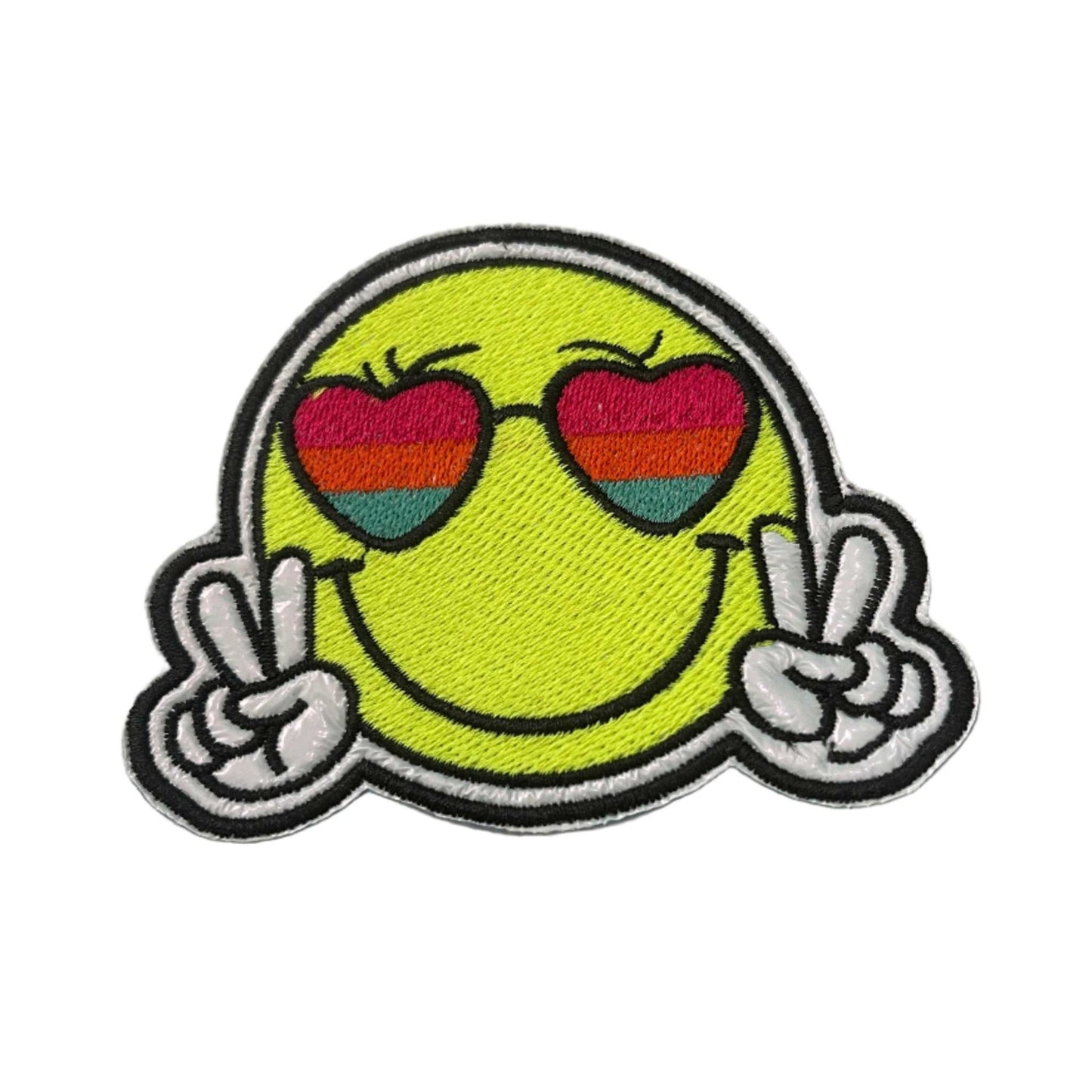 Yellow smiley face patch with rainbow heart sunglasses and peace signs.