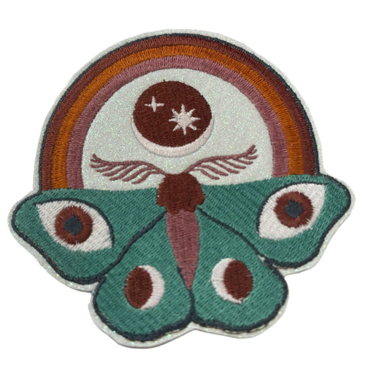 Luna Moth Iron-On Patch with rainbow and glitter design.