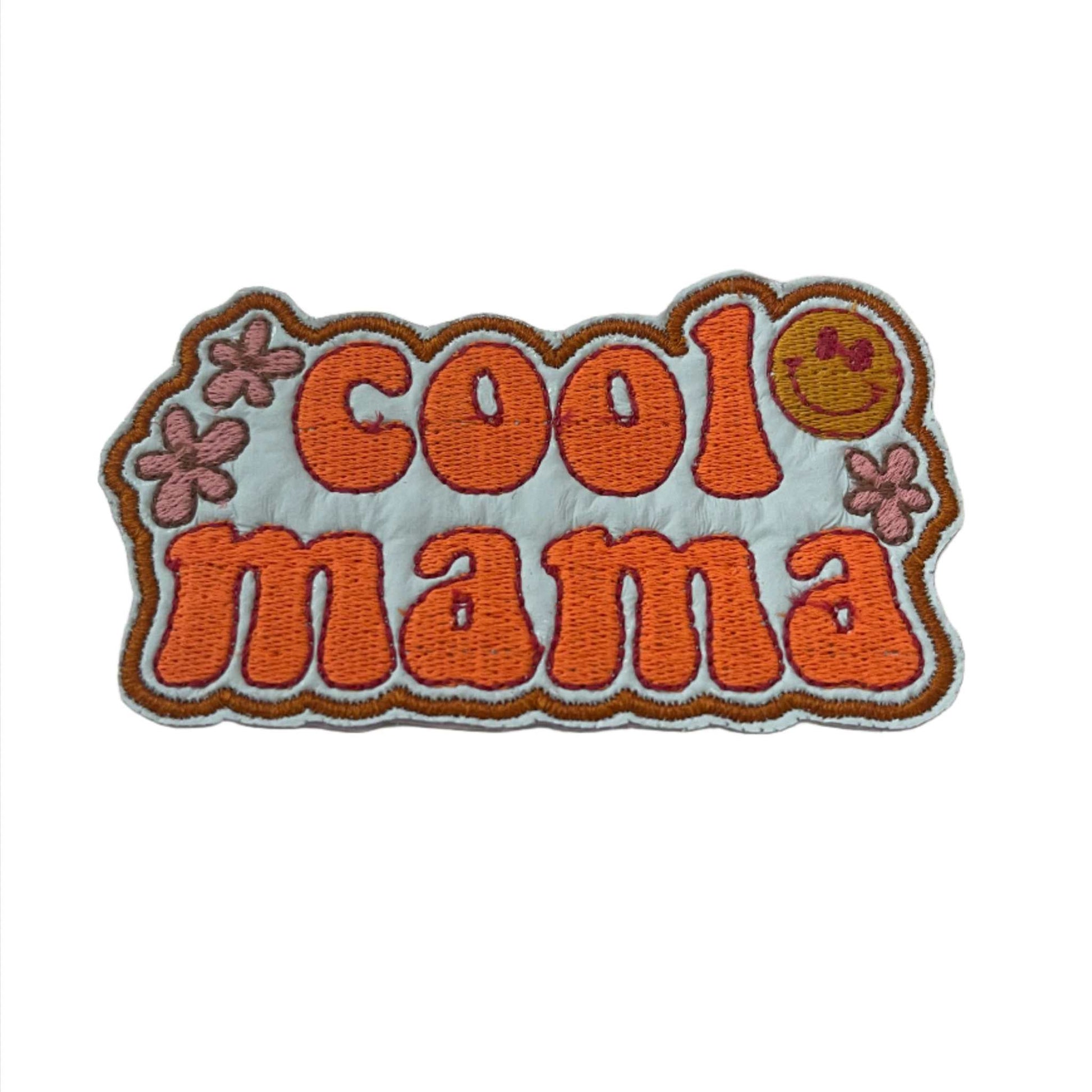 Cool Mama iron-on patch with orange text, flowers, and smiley face design.