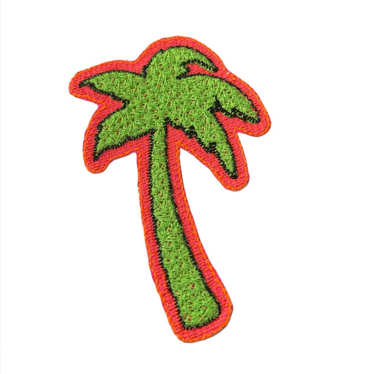 Neon palm tree embroidered patch for custom trucker hats.