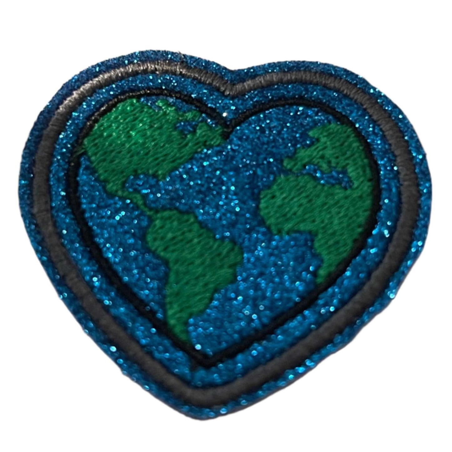 Eco-friendly heart Earth patch for custom hats and accessories, featuring a vibrant blue and green heart-shaped Earth design.