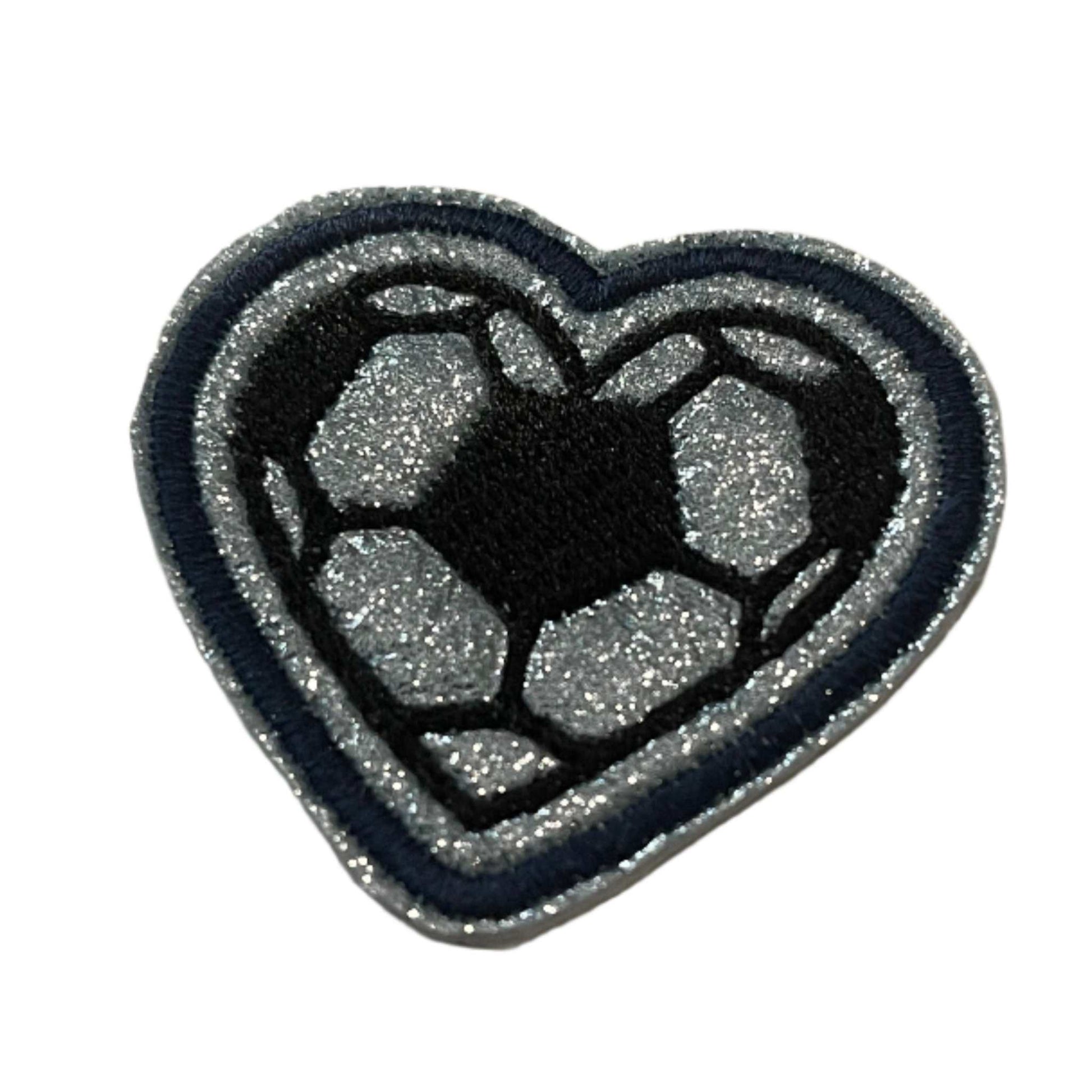 Soccer heart embroidered patch in Sporting Kansas City colors for custom hats and accessories.