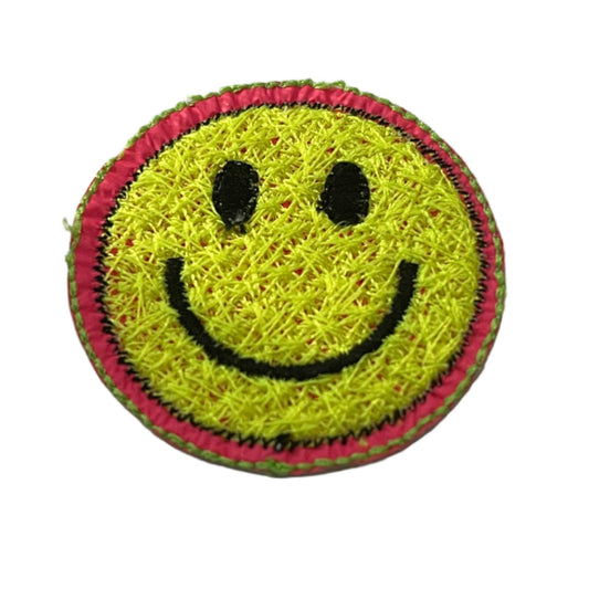Retro smiley face embroidered patch for custom trucker hats.