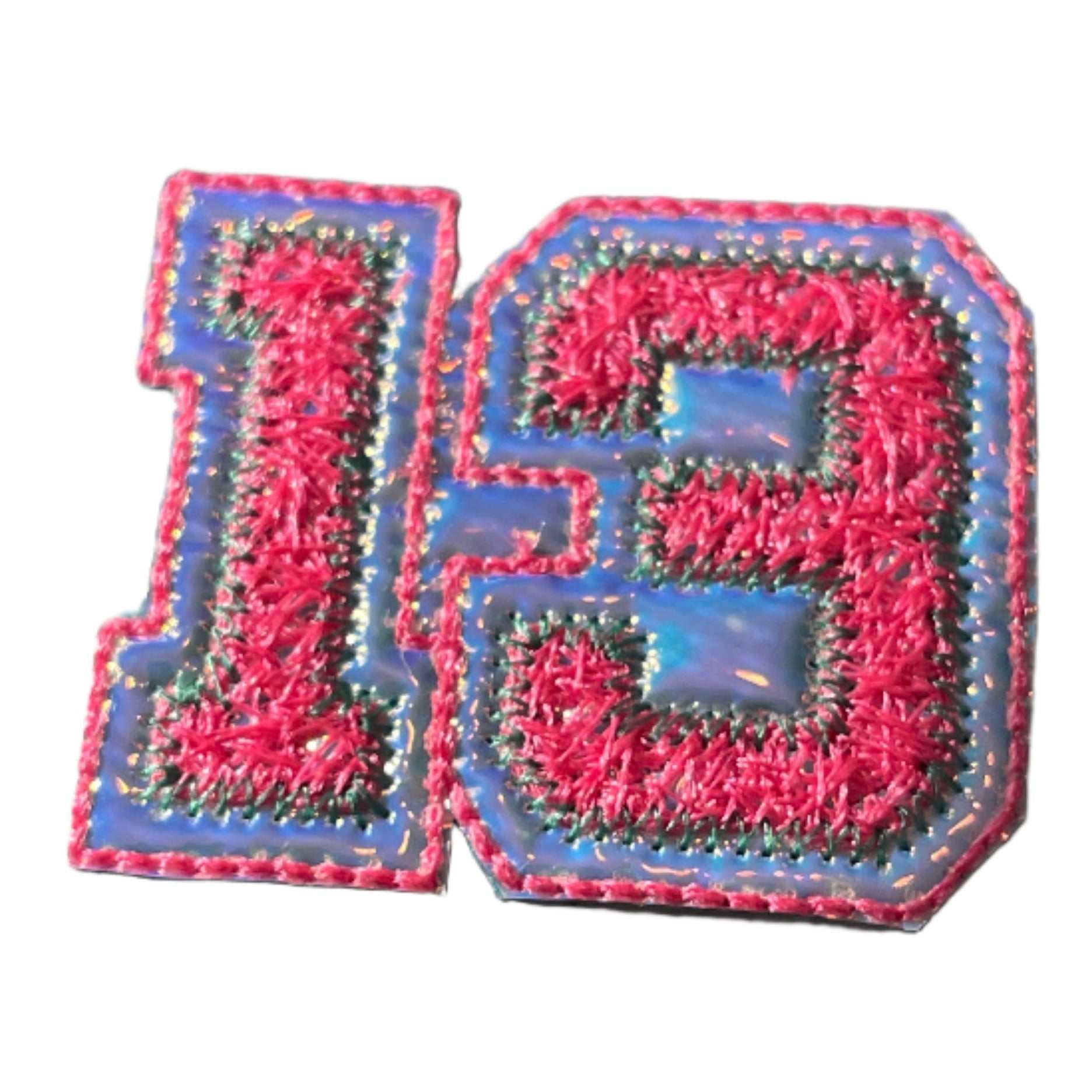 Taylor Swift Lucky 13 varsity style patch in pink and blue with embroidered design for pop culture and sports fans.