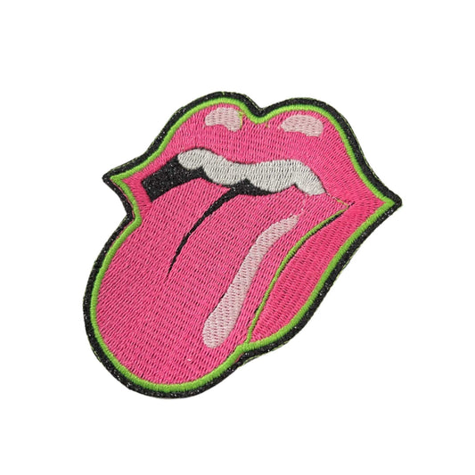 Vibrant pink tongue patch resembling a rockstar style.