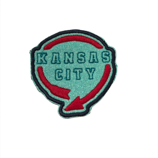 Kansas City iron-on patch with retro Western Auto design in KC Current colors.