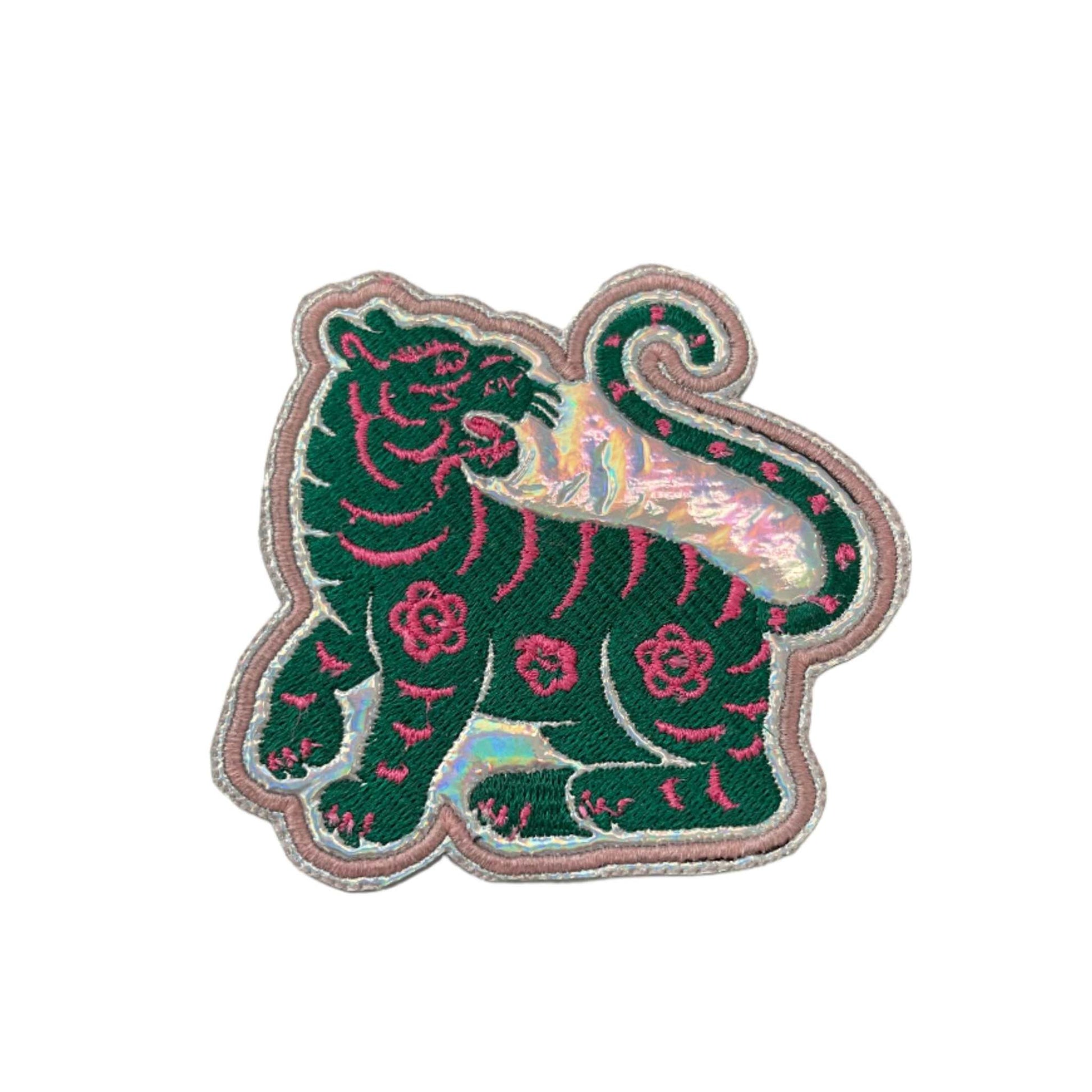 Holographic tiger patch with vibrant colors and dazzling details, perfect for customizing jackets, bags, or hats.
