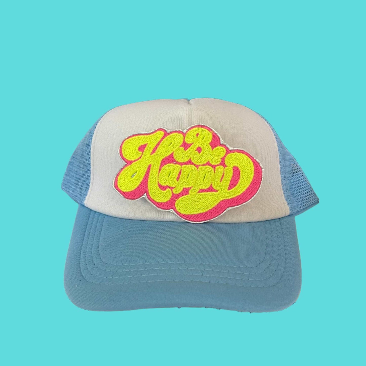 Handmade Be Happy Iron-On Patch | Neon Yellow on Neon Pink, Holographic Silver