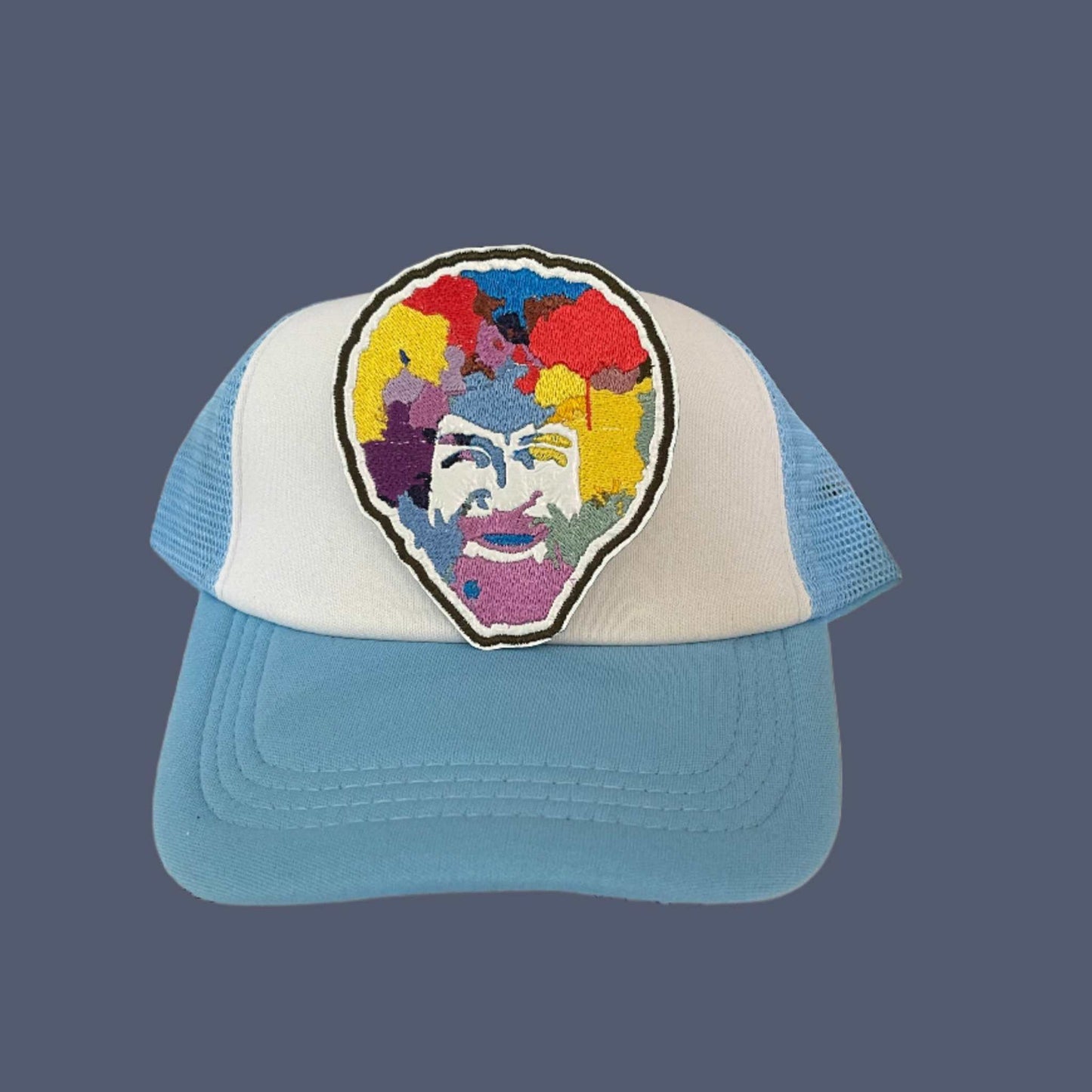 Handmade Happy TV Artist Iron-On Patch | Colorful Portrait on White Holographic