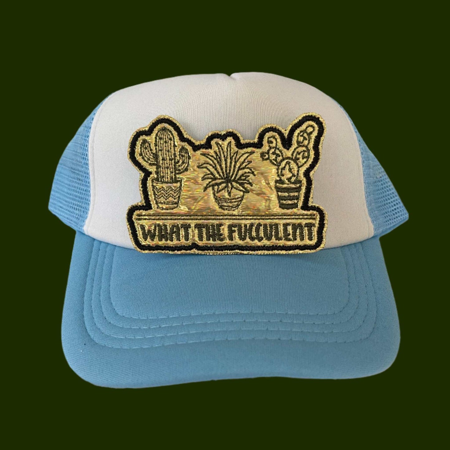 What the Fucculent, army green on gold holographic, black outline