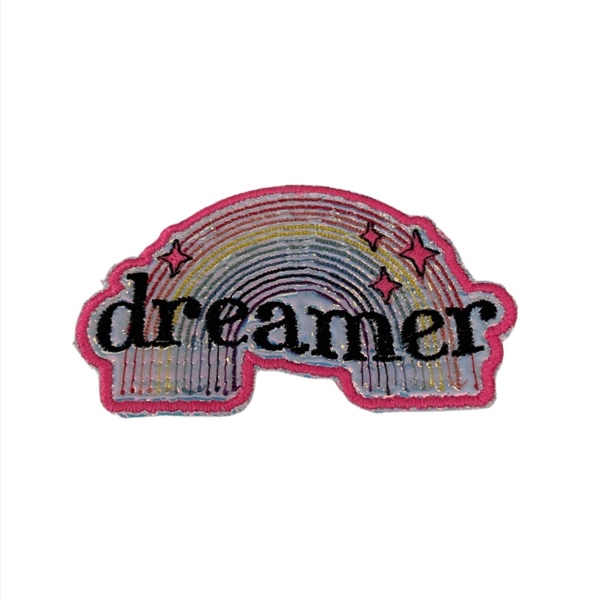 Colorful Dreamer rainbow patch with inspirational stars embroidery.