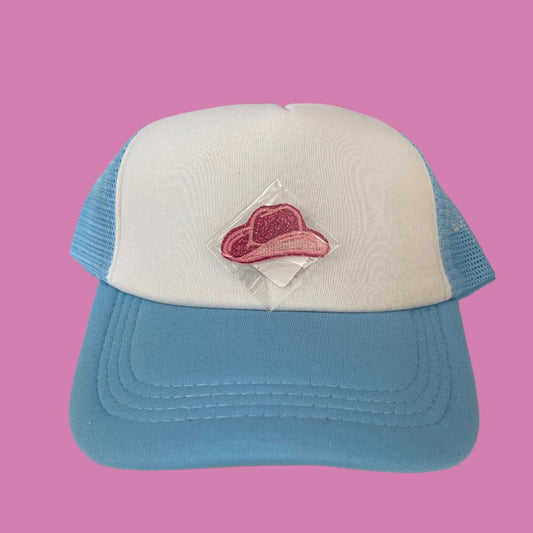 Glitter pink cowboy hat patch with vibrant sparkle, perfect for customizing hats, jackets, bags, and more.