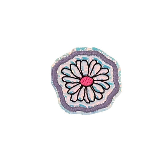 Embroidered daisy patch for custom hats and apparel.