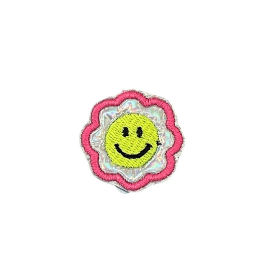Smiley Flower patch for custom hats, apparel, and accessories.