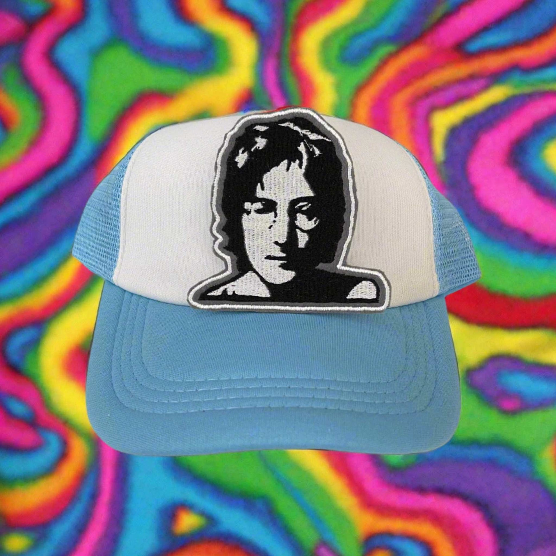 John Lennon embroidered patch featuring a detailed black and white design, perfect for customizing clothing and accessories.