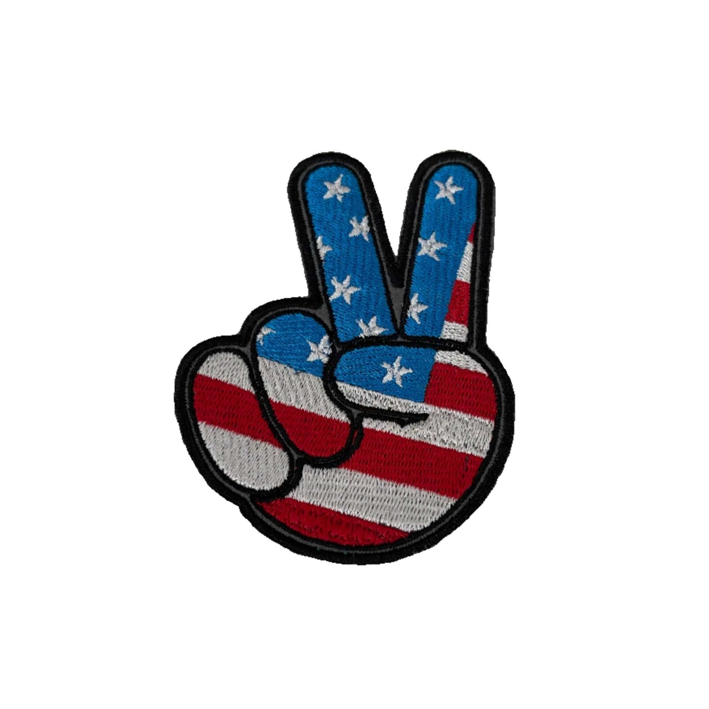 American flag peace sign embroidered patch with stars and stripes design.