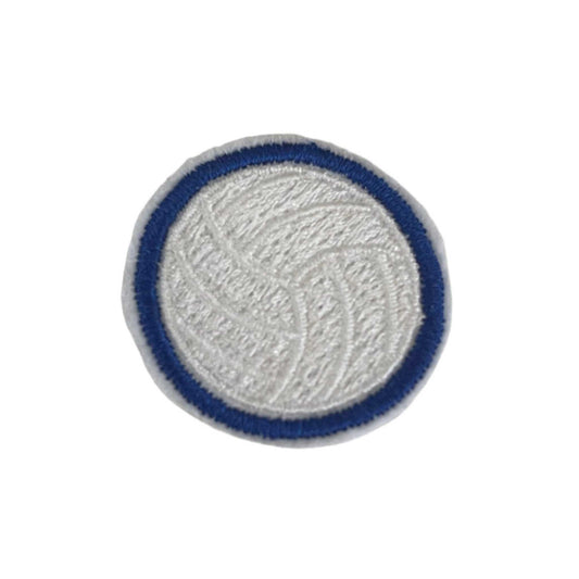 Blue volleyball embroidered patch for custom hats and accessories.