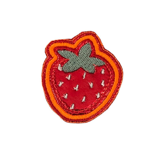 Strawberry embroidered patch with vibrant red, green stem, and orange outline.