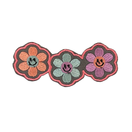 Triple Happy Flower Patch with retro smiley embroidery in vibrant colors.