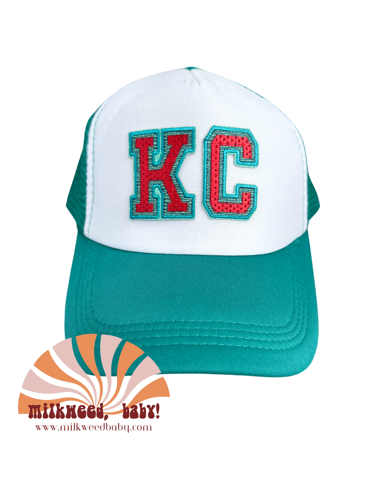 KC Current women's soccer team hat with custom embroidered patch in red and teal.