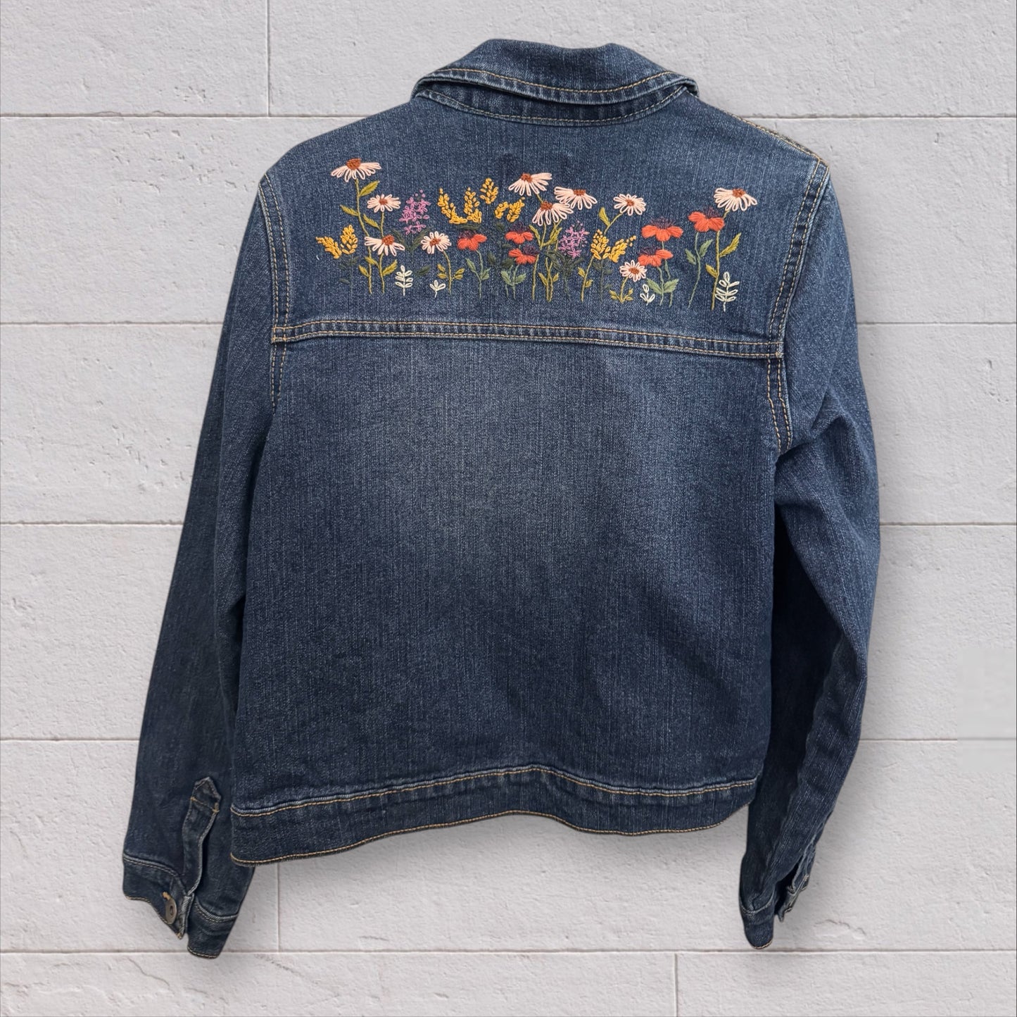 Hand Embroidered Girls Denim Jacket – Size 10 – One of a Kind Floral Jean Jacket – Unique Kids Clothing – In Stock & Ready to Ship – Made in Kansas City