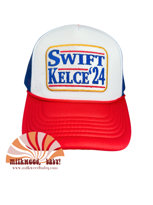 Swift Kelce '24 Trucker Hat with Embroidered Patch in Red, White, and Blue Design