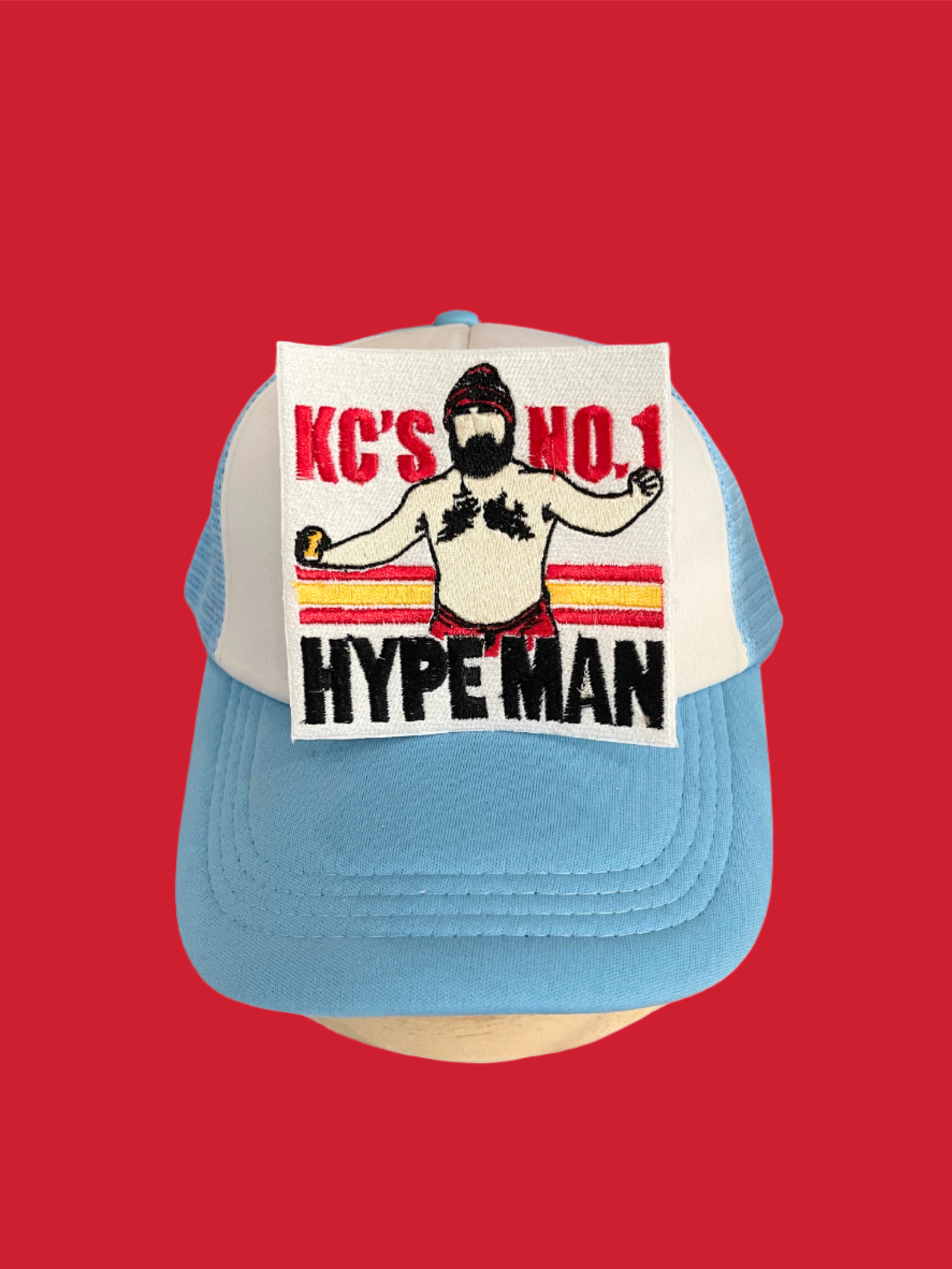 Handmade Jason Kelce Hype Man patch with bold colors and humorous design featuring the football player.