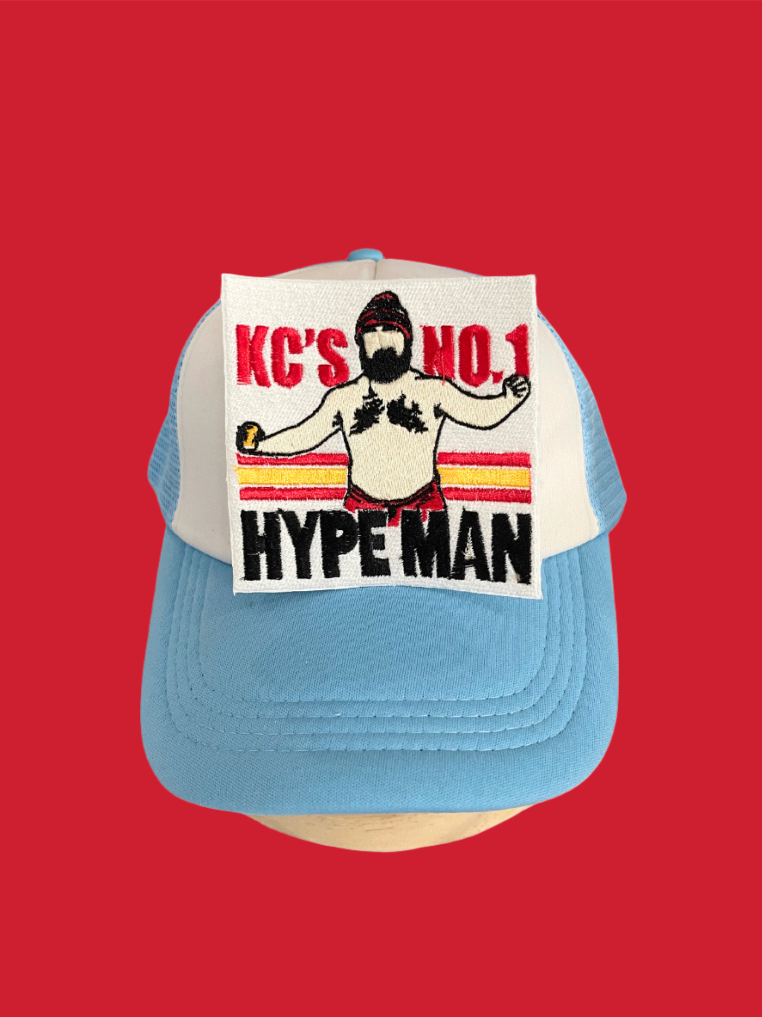 Handmade Jason Kelce Hype Man patch with bold colors and humorous design featuring the football player.