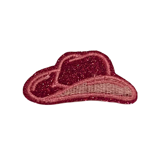 Glitter Pink Cowboy Hat Patch for customizing apparel and accessories.