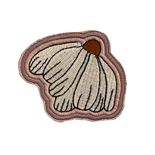 Boho Daisy Iron-On Patch in pastel pink and white embroidery.