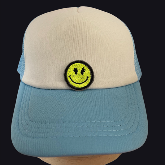 Retro smiley face iron-on patch in yellow and black embroidery, perfect for adding a nostalgic touch to your clothing or accessories, and ideal for customization.