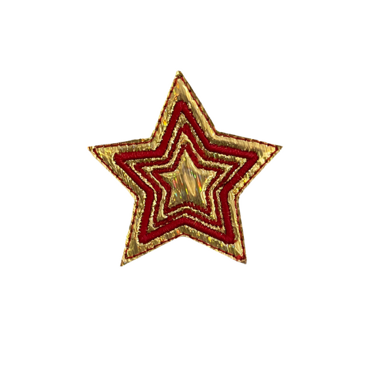 Retro Star Iron-On Patch with red and gold embroidery.