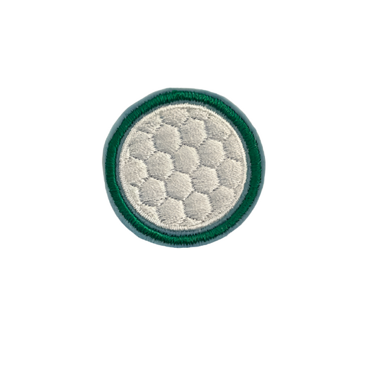 Golf Ball Iron-On Patch in green and white embroidery.