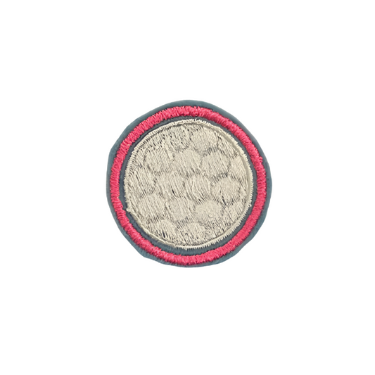 Pink and blue embroidered golf ball iron-on patch.