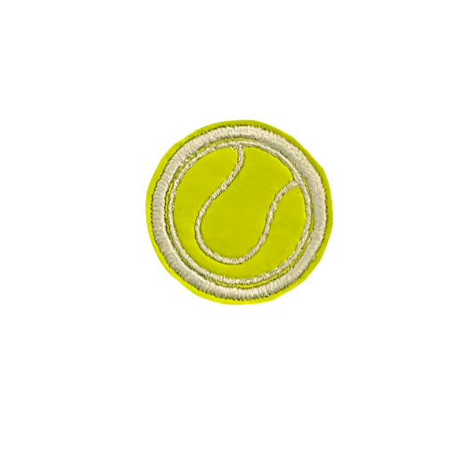 Bright yellow tennis ball iron-on patch with embroidery details.