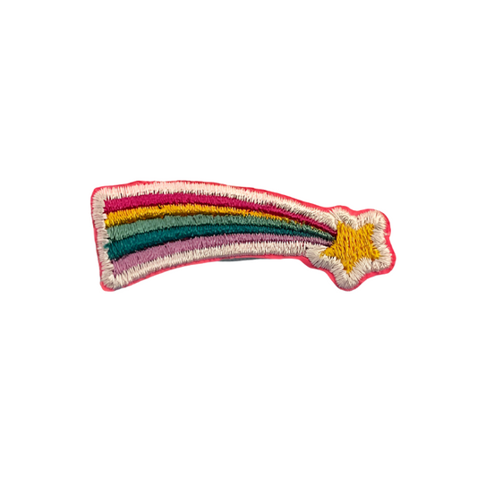 Colorful rainbow shooting star iron-on patch for jackets, bags, and hats.