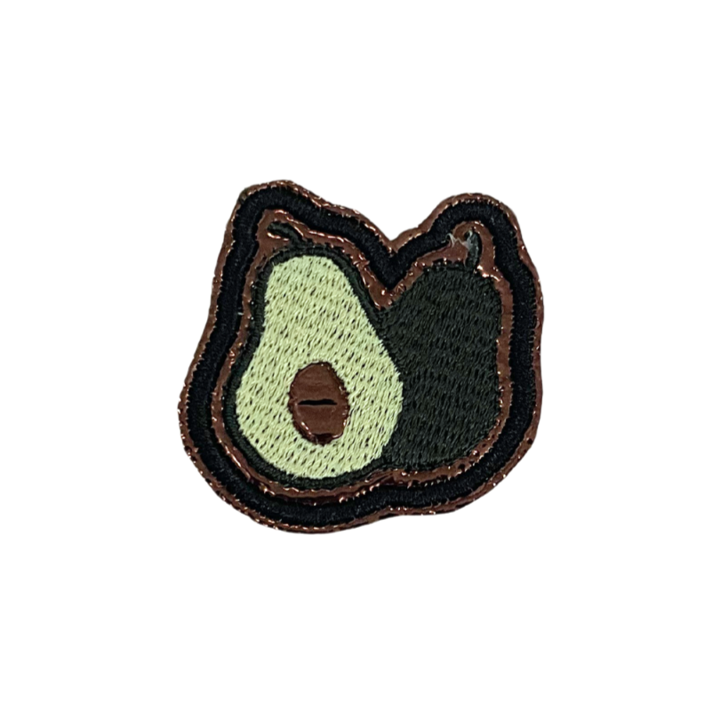 Custom embroidered avocado patch, quirky and fun design.