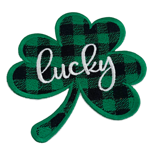 Handmade Lucky Shamrock patch with green plaid shamrock and "lucky" text for customization.