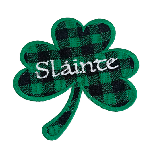 Handmade Sláinte Shamrock patch with green plaid design for hats and bags.