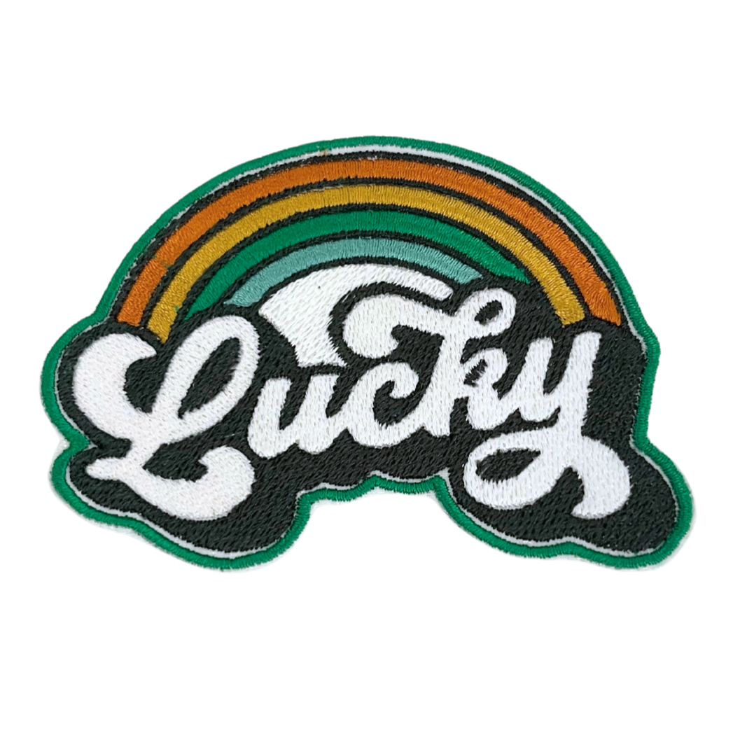 Handmade Lucky Rainbow Patch for customizing accessories, featuring colorful rainbow design with "lucky" text.