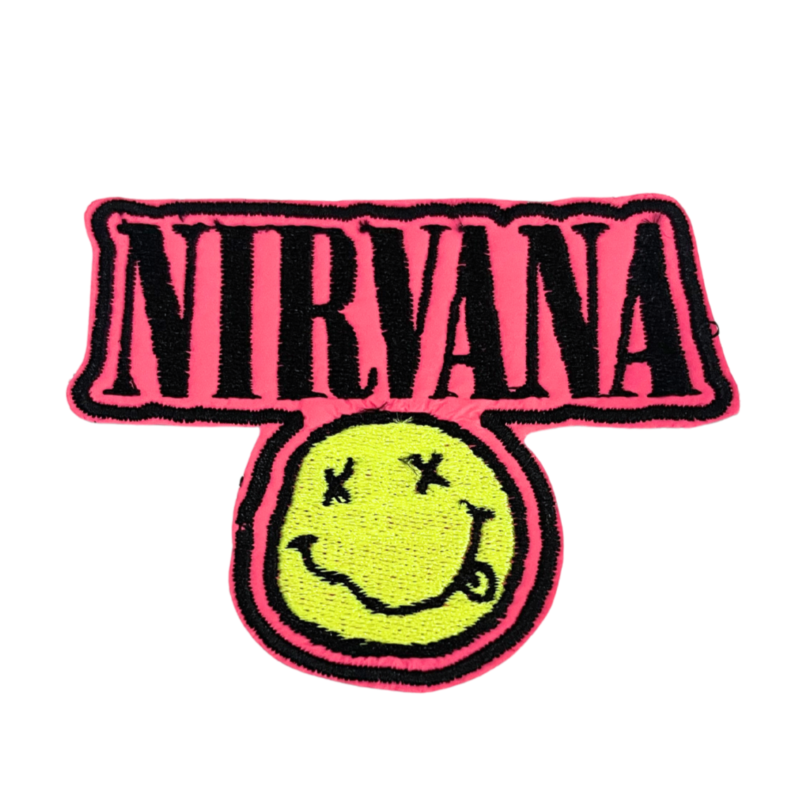 Handmade Nirvana Smiley Face Patch for customization on hats, bags, jackets.