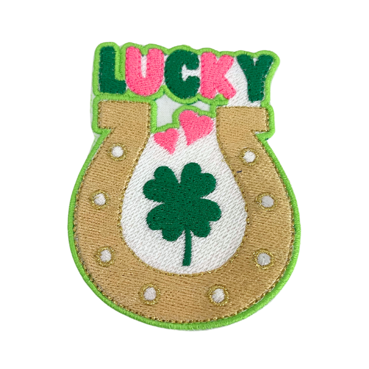 Handmade Lucky Horseshoe patch with shamrock and hearts design for hats, bags, or jackets.